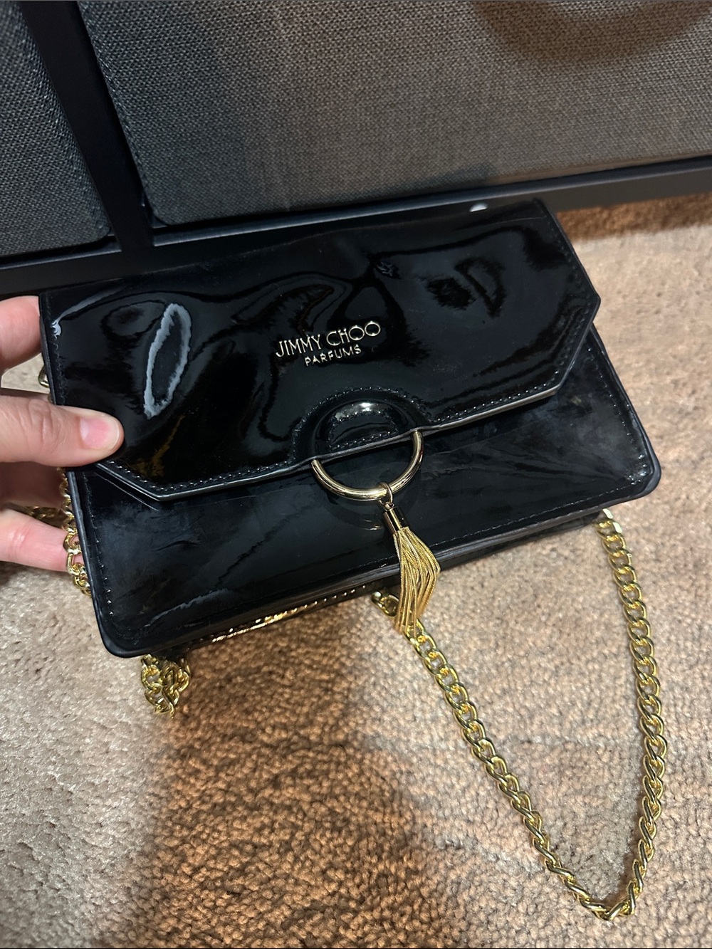 Jimmy Choo Black Patent Leather Shoulder Clutch with Gold Tassel Ring